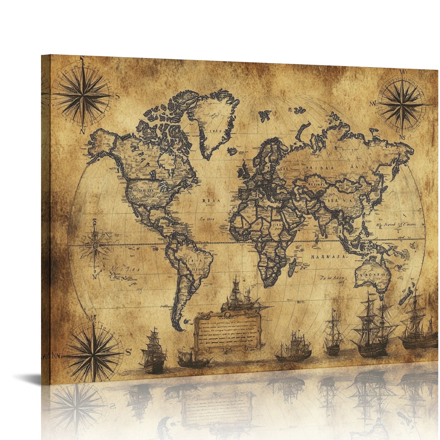 Vintage World Map Canvas Wall Art SepiaToned Typography and Compass